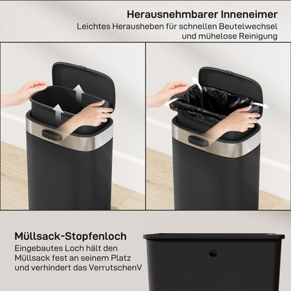 HOMCOM Mülleimer, Edelstahl Küchenmülleimer mit offen bleibendem Deckel, herausnehmbarer Inneneimer, 21,5x19,5x30 cm, Schwarz