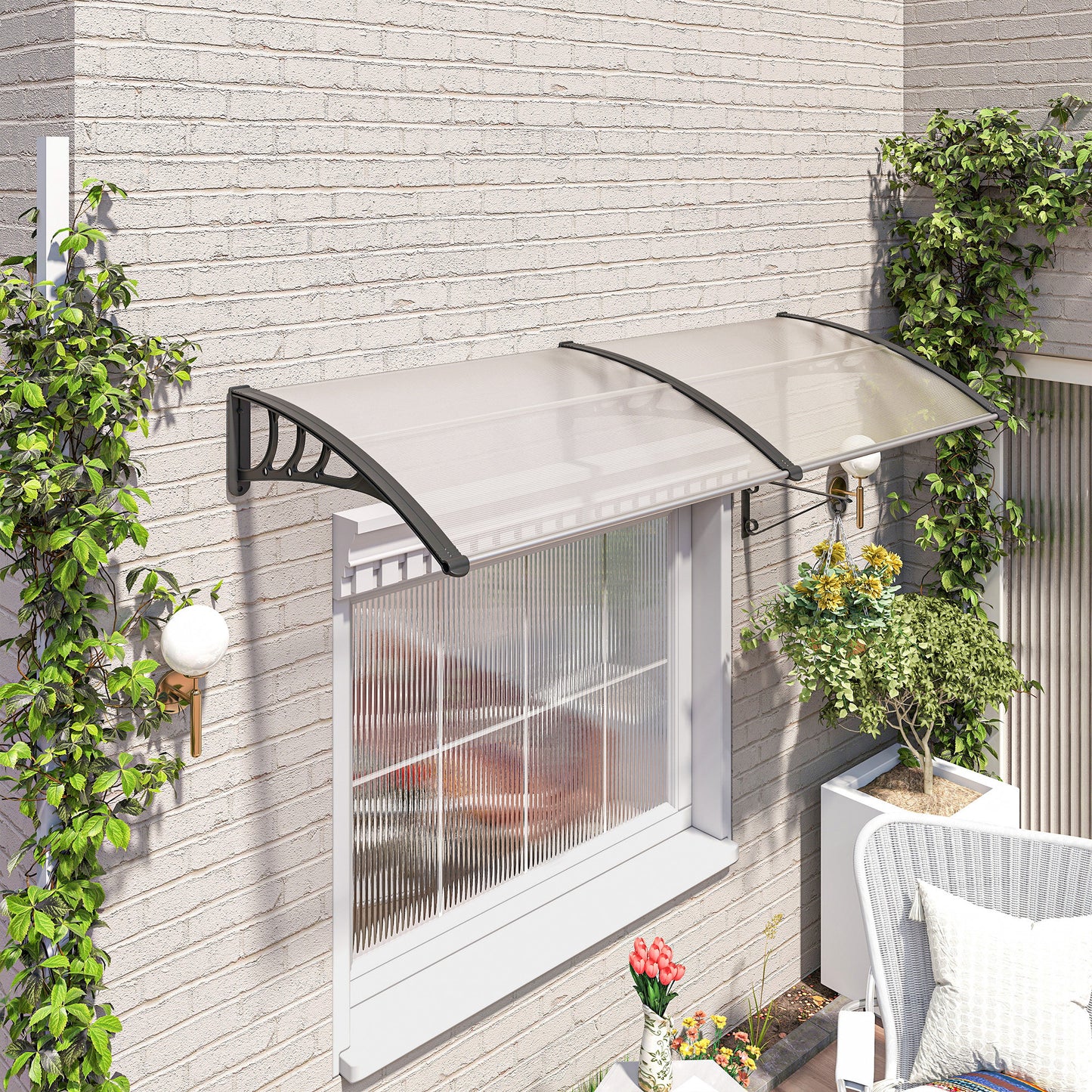 Outsunny Pultvordach Vordach für Haustür 75x195x23 cm Überdachung 5mm Polykarbonat Sonnenskydd Regenskydd für draußen Alu Transparent