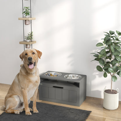 PawHut Futterstation für große Hunde, mit 2 Edelstahlnäpfen, Schublade, Futterspender für Haustiere, MDF, Stahl, Grau