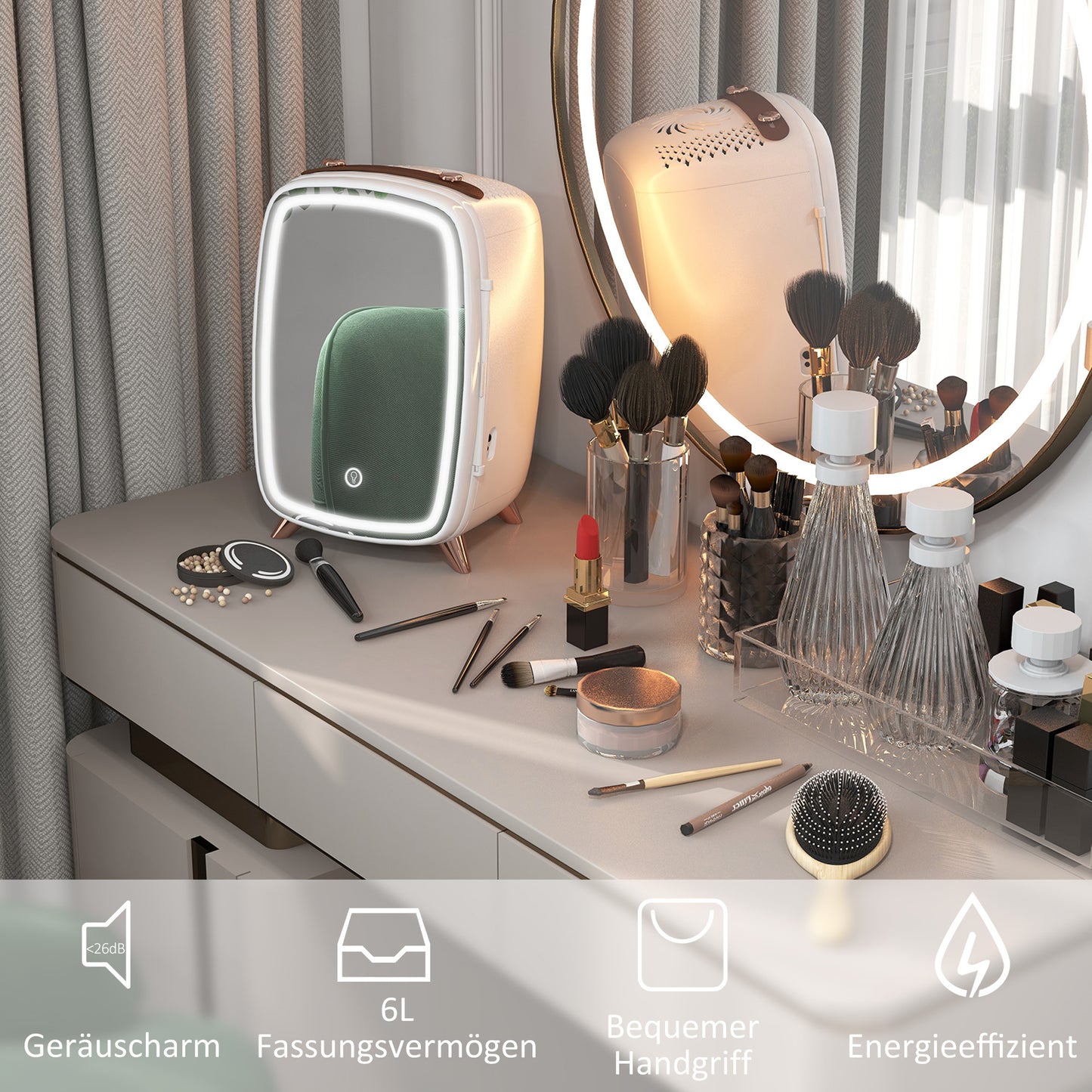 HOMCOM Minikühlschrank für Kosmetikprodukte, Getränke und Snacks, tragbar, mit beleuchtetem Spiegel, leiser Betrieb, 6L, Weiß