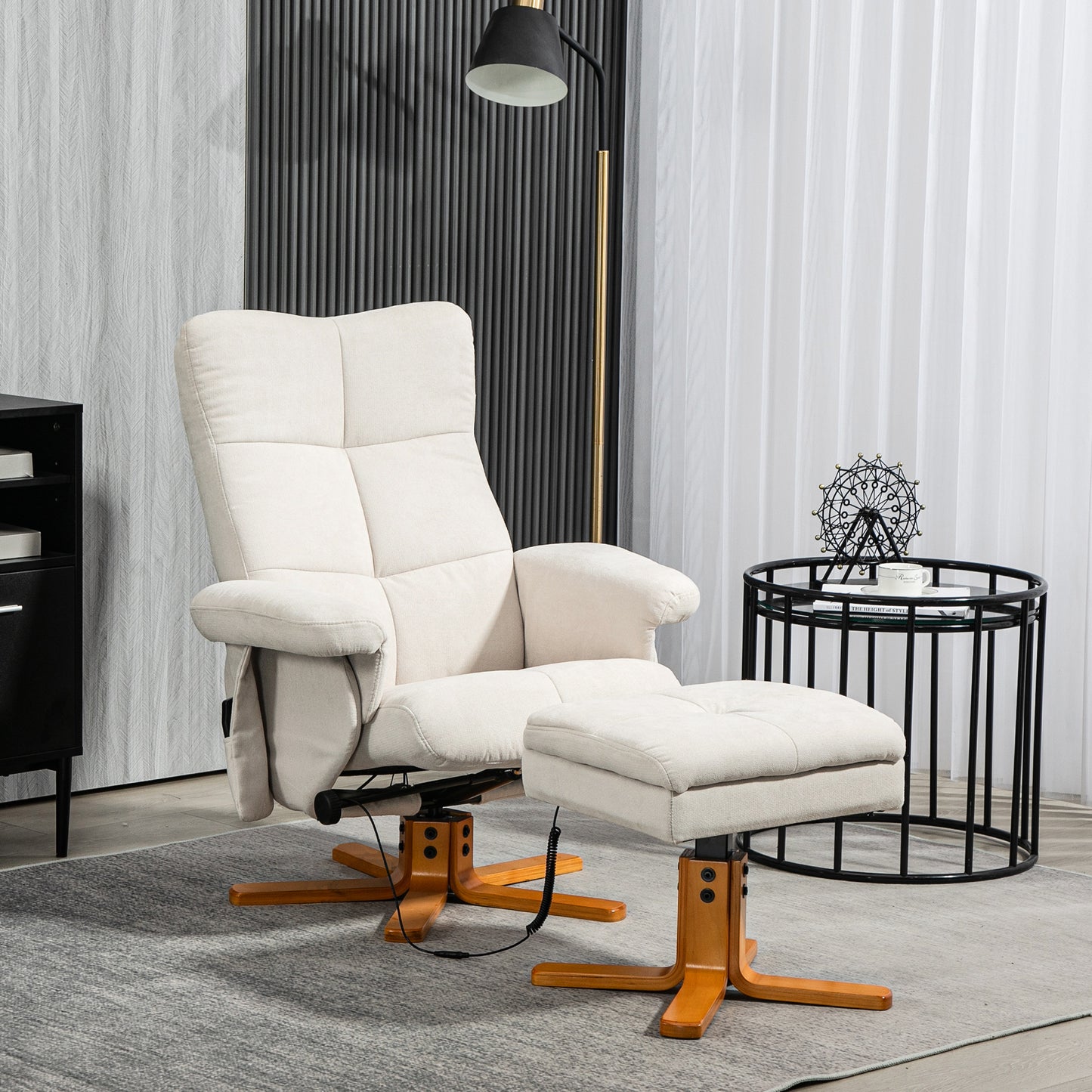 HOMCOM Massagesessel mit Liegefunktion und Fußhocker, 145°-Neigung, Polyester, 80 x 86 x 99 cm, Cremeweiß