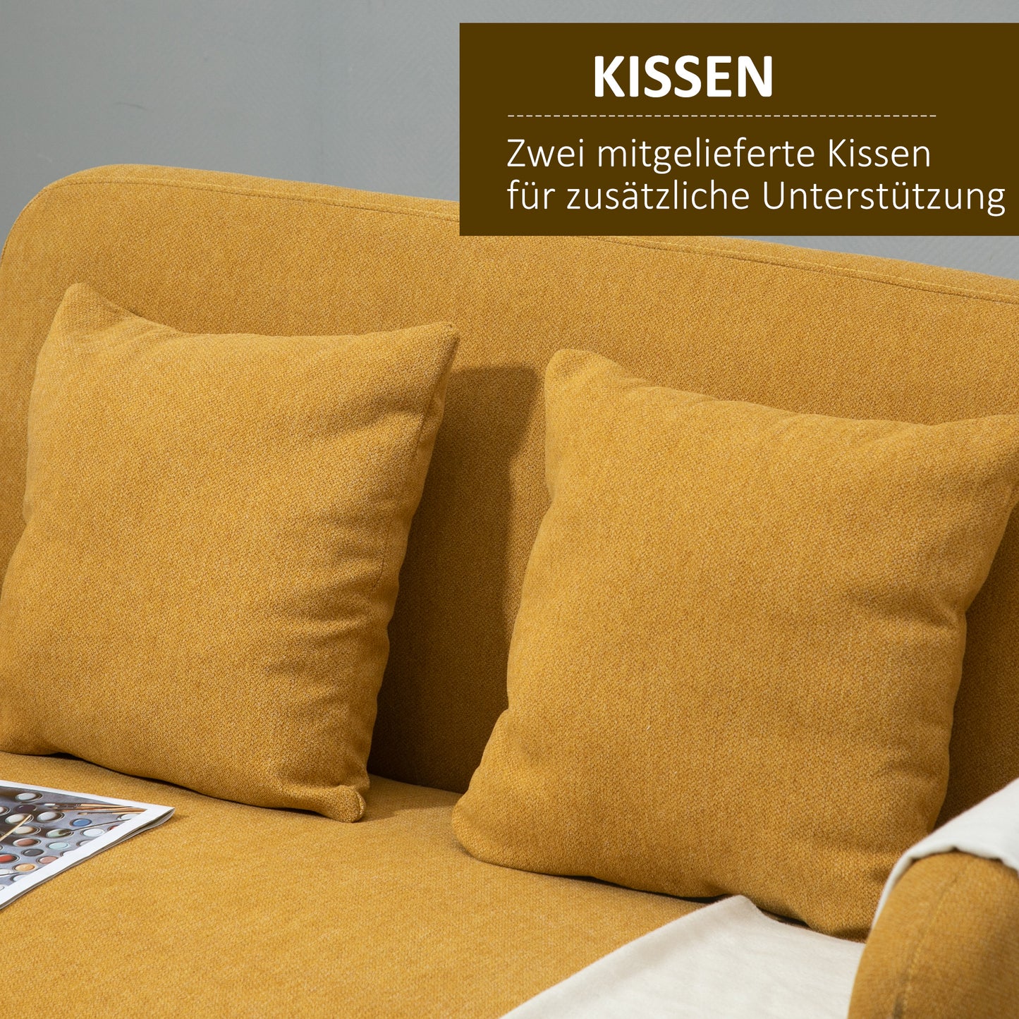 HOMCOM Sofa 2 Sitzer Couch mit 2 Wurfkissen, Kleine Loveseat mit Samtopik Modern Polstersofa für Wohnzimmer, Schlafzimmer, kleinen Raum, Gelb 130 x 70 x 80 cm
