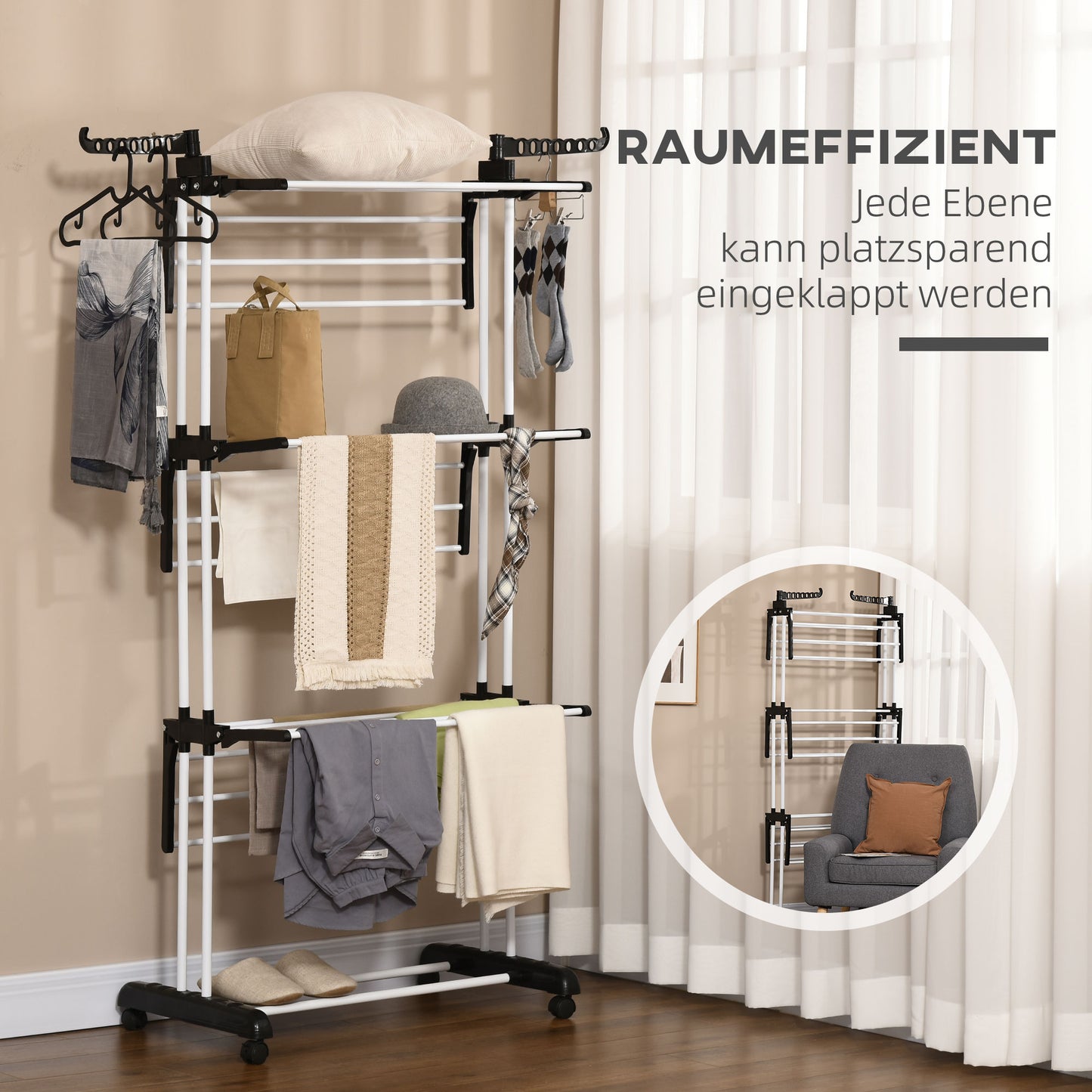 HOMCOM Wäscheständer, 4 Ebenen, klappbar, 4 Rollen mit 2 Bremsen, Metallrahmen, Schwarz, 73 x 64 x 177cm