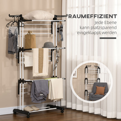 HOMCOM Wäscheständer, 4 Ebenen, klappbar, 4 Rollen mit 2 Bremsen, Metallrahmen, Schwarz, 73 x 64 x 177cm