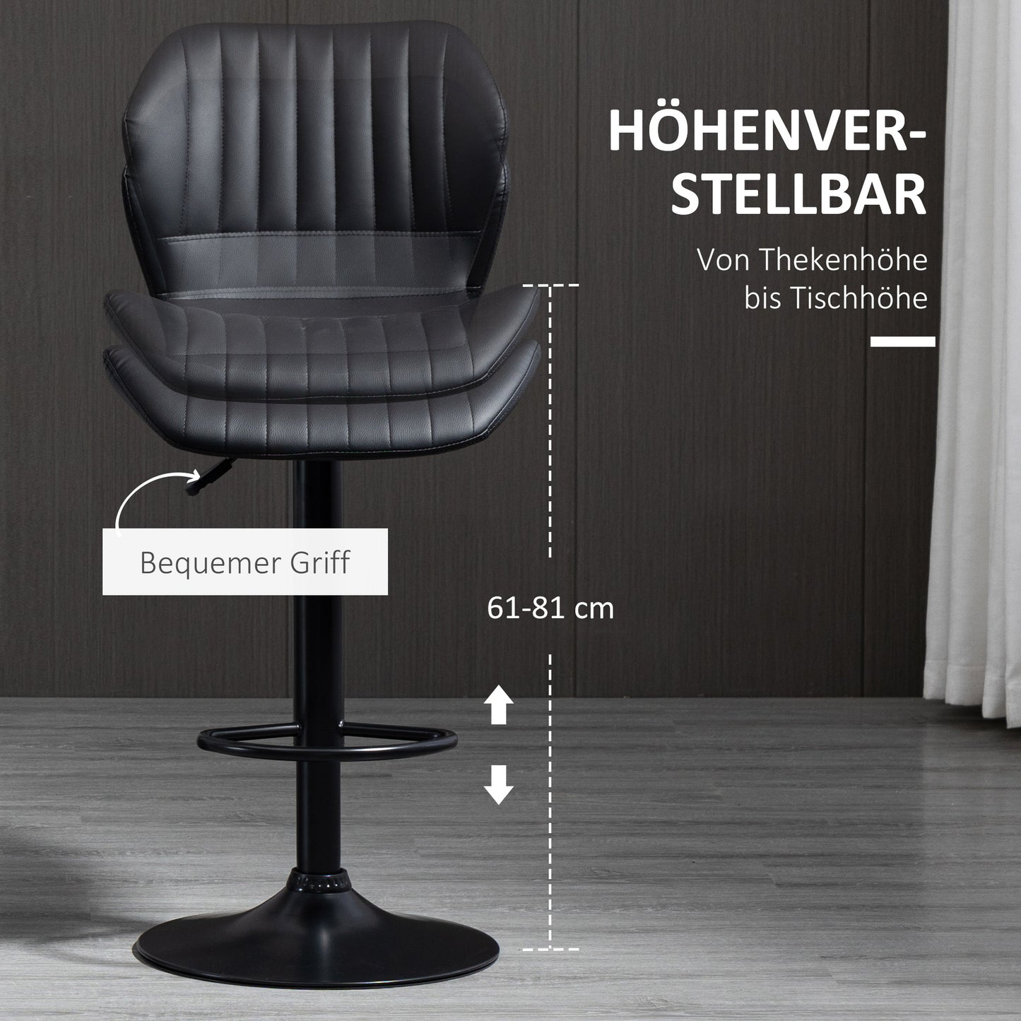 HOMCOM Barhocker Barstuhl 2-er Set höhenverstellbar 48,5 x 55,5 x 90-110 cm Kunstleder+Stahl Schwarz