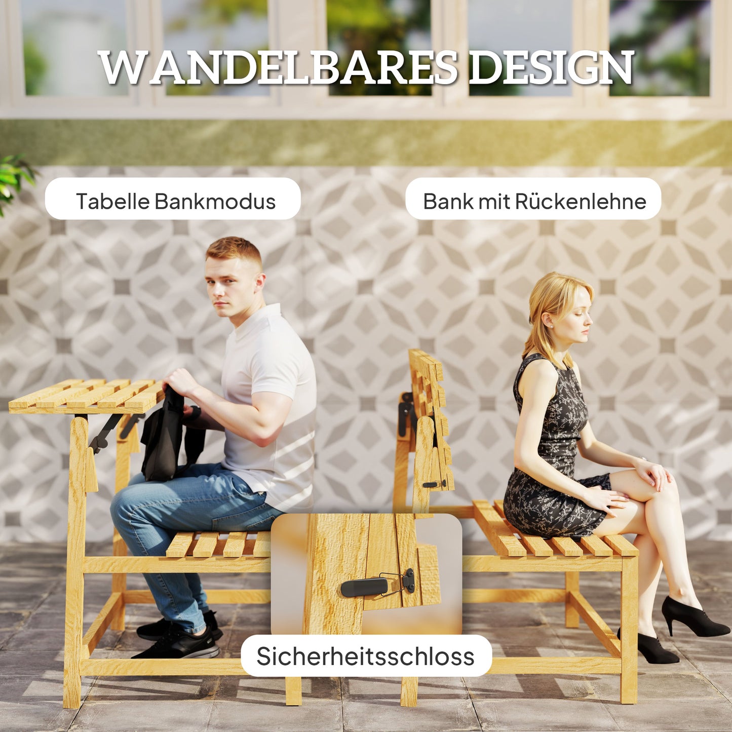 Outsunny 2-Sitzer Gartenbank Holz, wetterfest Sitzbank, UV-Beständig Gartenmöbel mit Umwandelbare Rückenlehnen 110x61x89cm, Teak