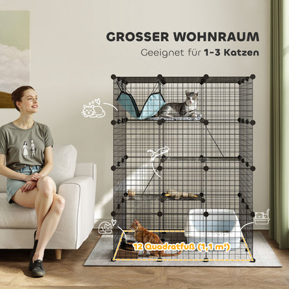 PawHut Katzenkäfig für Drinnen 4-stöckig DIY-Katzengehege mit dichtem Metalldraht Hängematte Rampe Türen Sprungplattformen