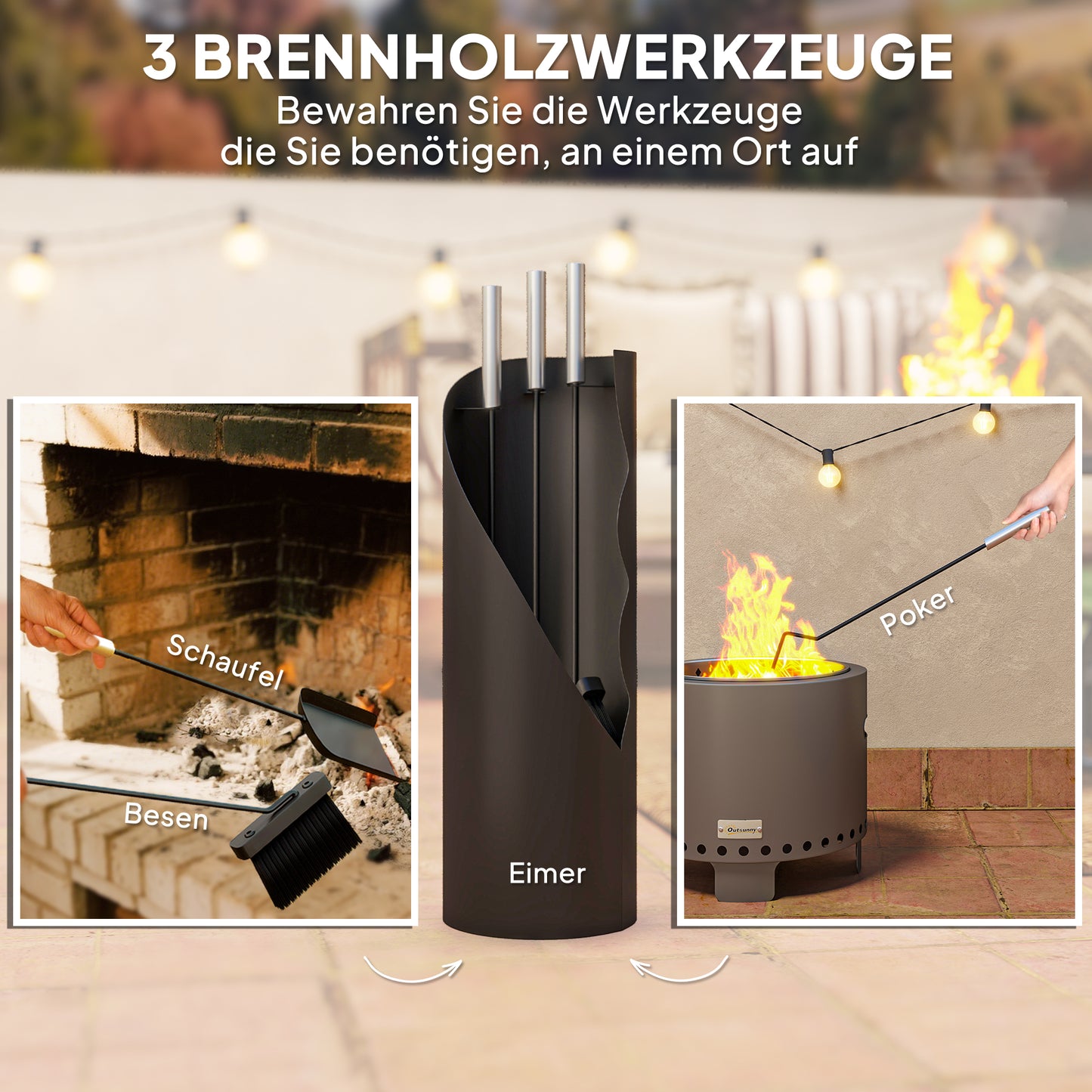 Outsunny Kaminbesteck Set 4-teilig Kaminzubehör mit Besen, Schaufel, Schürhaken und Korb, Kamingarnitur, Metall, Schwarz