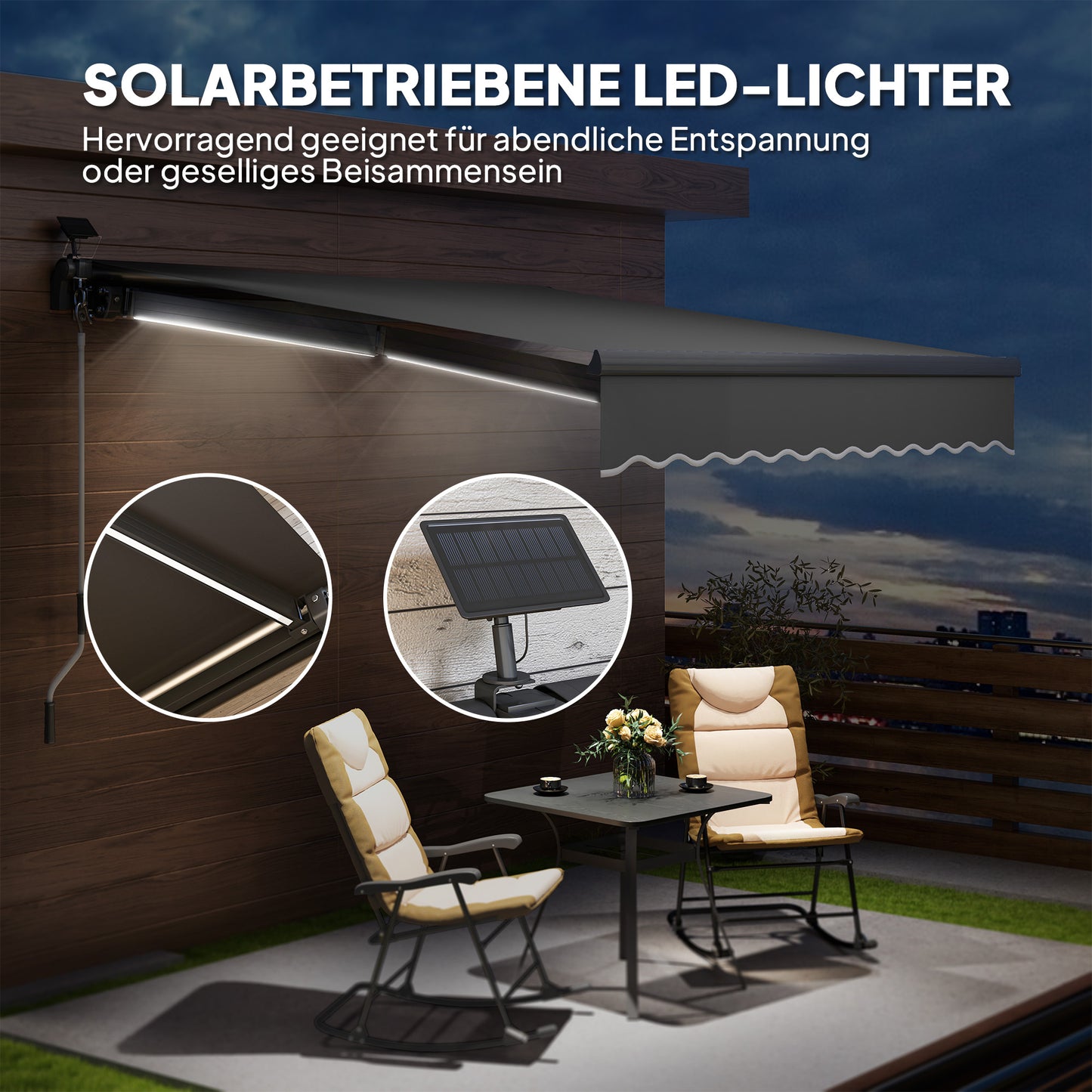 Outsunny Klemmmarkise mit Handkurbel Solar-Lichte Gelenkarmmarkise Markise Sonnenschutz UV 50+ 300 cm breit Grau