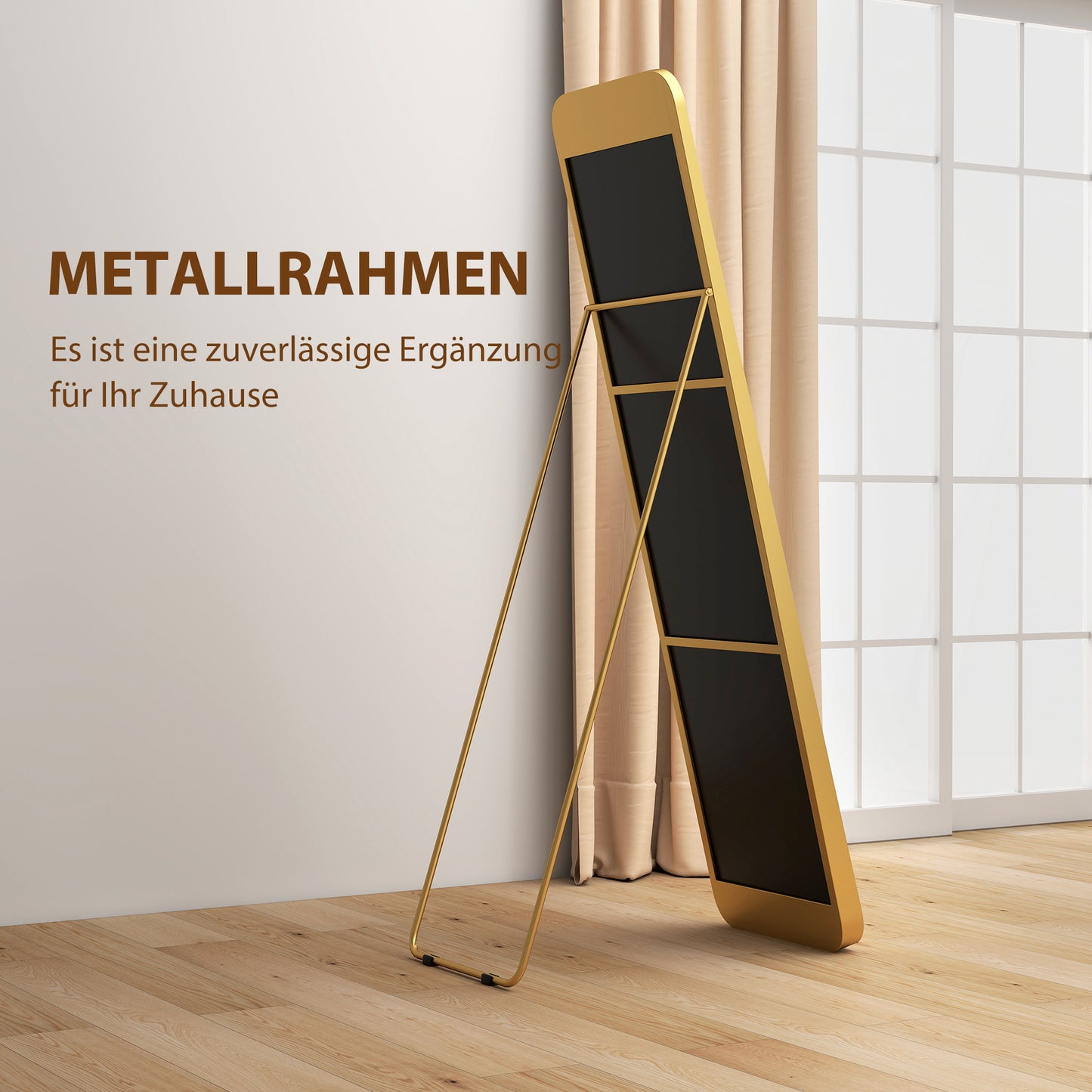 HOMCOM Ganzkörperspiegel, freistehend, neigbar, Metallrahmen, MDF, 160 x 40 cm, Goldfarben