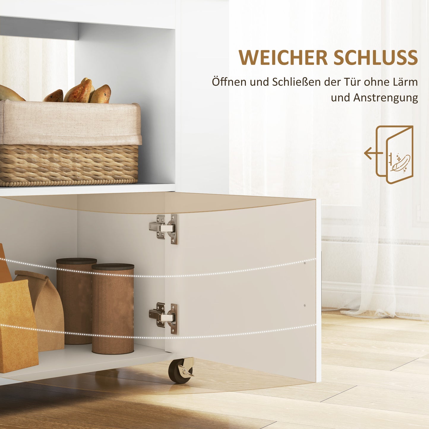 HOMCOM Küchenwagen, Rollbare Kücheninsel, Küchen-Trolley mit Fächern, Weinregalen, Schrank und Arbeitsfläche, Weiß