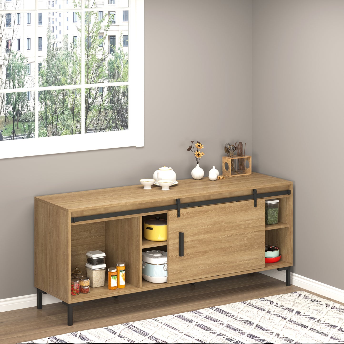 HOMCOM 183 cm Schiebetür Komplettset Schiebetürbeschlag mit Bodenführung, Schiebetür Laufschiene, Laufrollen Schiebetürsystem für Einzelholzschiebetür