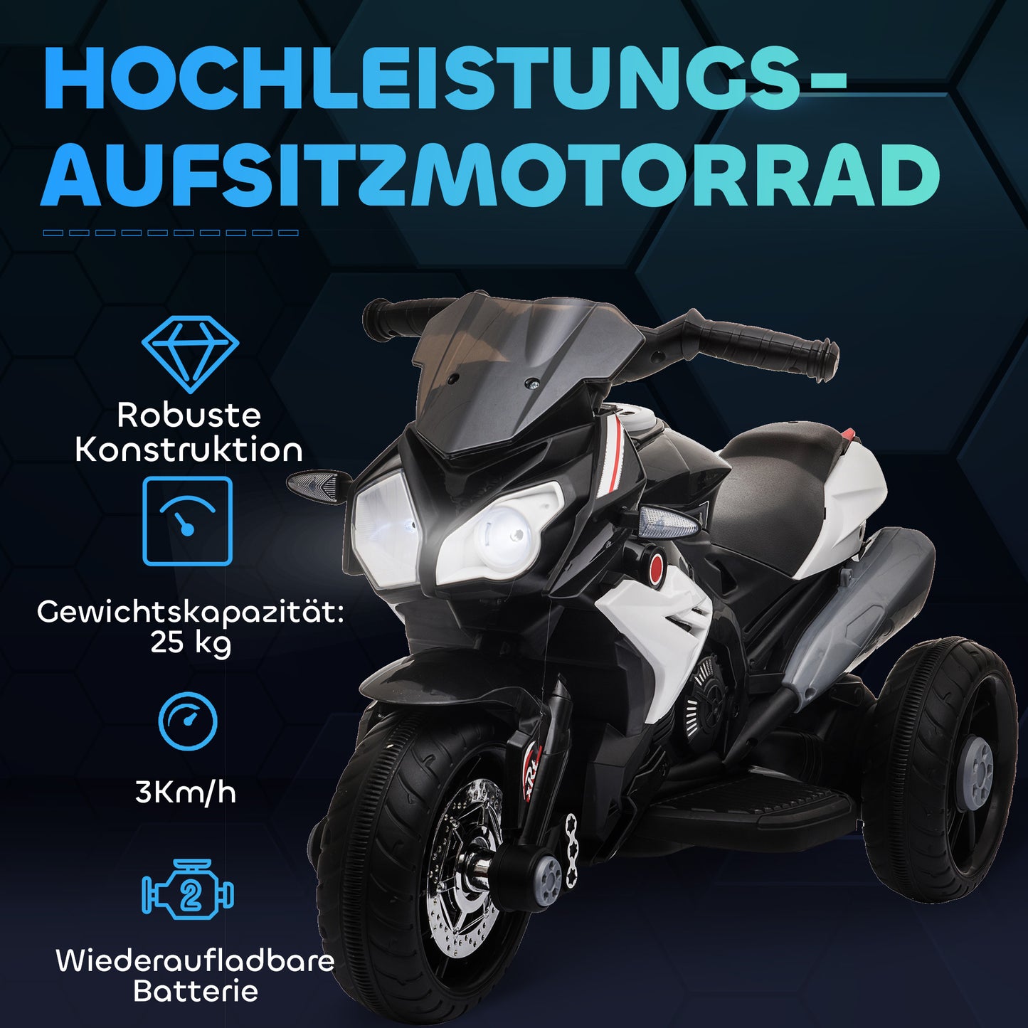 HOMCOM Elektro-Kindermotorrad, Lichter & Geräusche, 3 km/h, wiederaufladbar, Kunststoff & Metall, Schwarz/Weiß