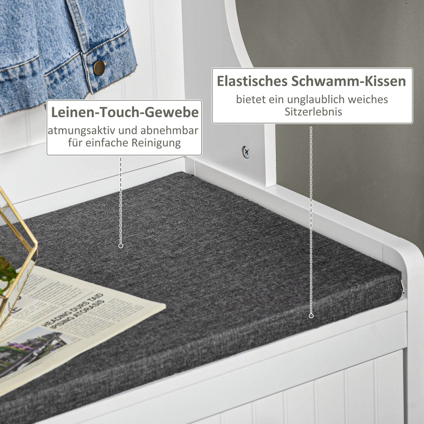 HOMCOM Garderobenständer mit Haken, Garderobe mit Schuhbank, für Eingangsbereich, Flur, Metall, MDF, Weiß+Grau