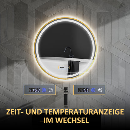 HOMCOM Runder Badezimmerspiegel mit LED-Lichtern, Badspiegel mit Anti-Beschlag-Funktion, Touch-Bedienung, Display