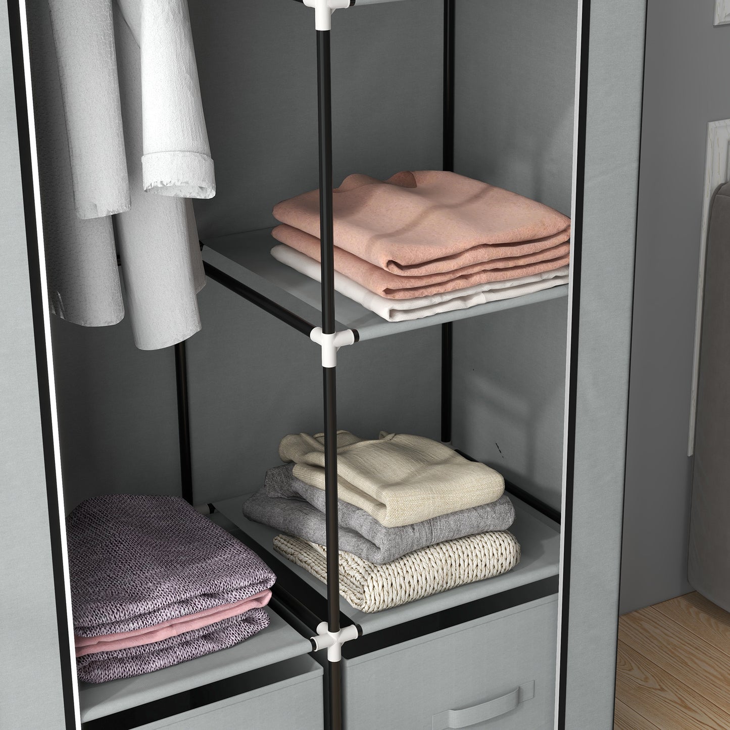 HOMCOM Kleiderschrank Stoffschrank 1 Kleiderstange, 2 Schubladen, 83 x 42.5 x 162,5 cm, Grau