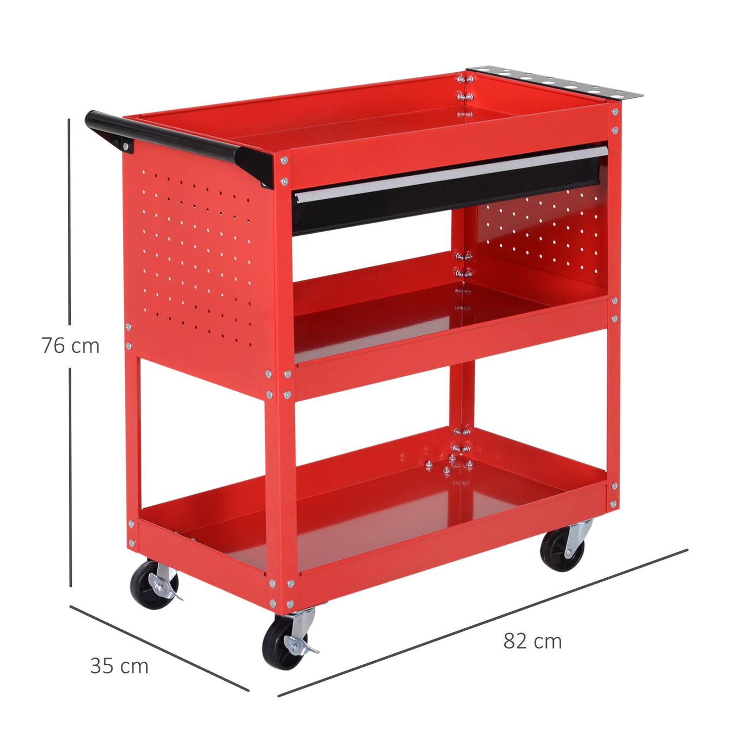 HOMCOM Werkzeugkoffer Werkzeugtrolley Werkzeugbox, 3 Ebenen, 4 Rollen, 82 cm x 35 cm x 76 cm, Rot