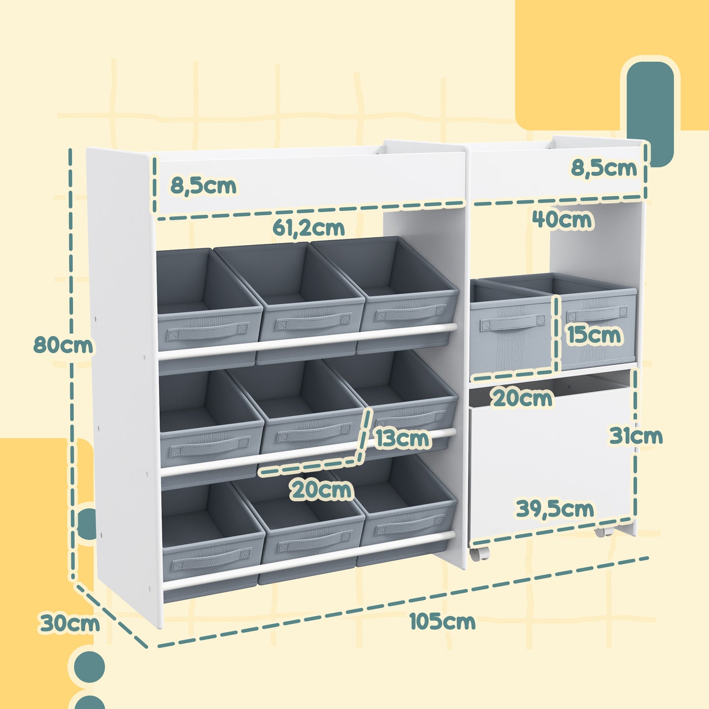 AIYAPLAY Kinder-Aufbewahrungsregal, Spielzeugschrank für Kinder mit 11 Stoffboxen, oberen Fächern, 3 Stickern, Weiß