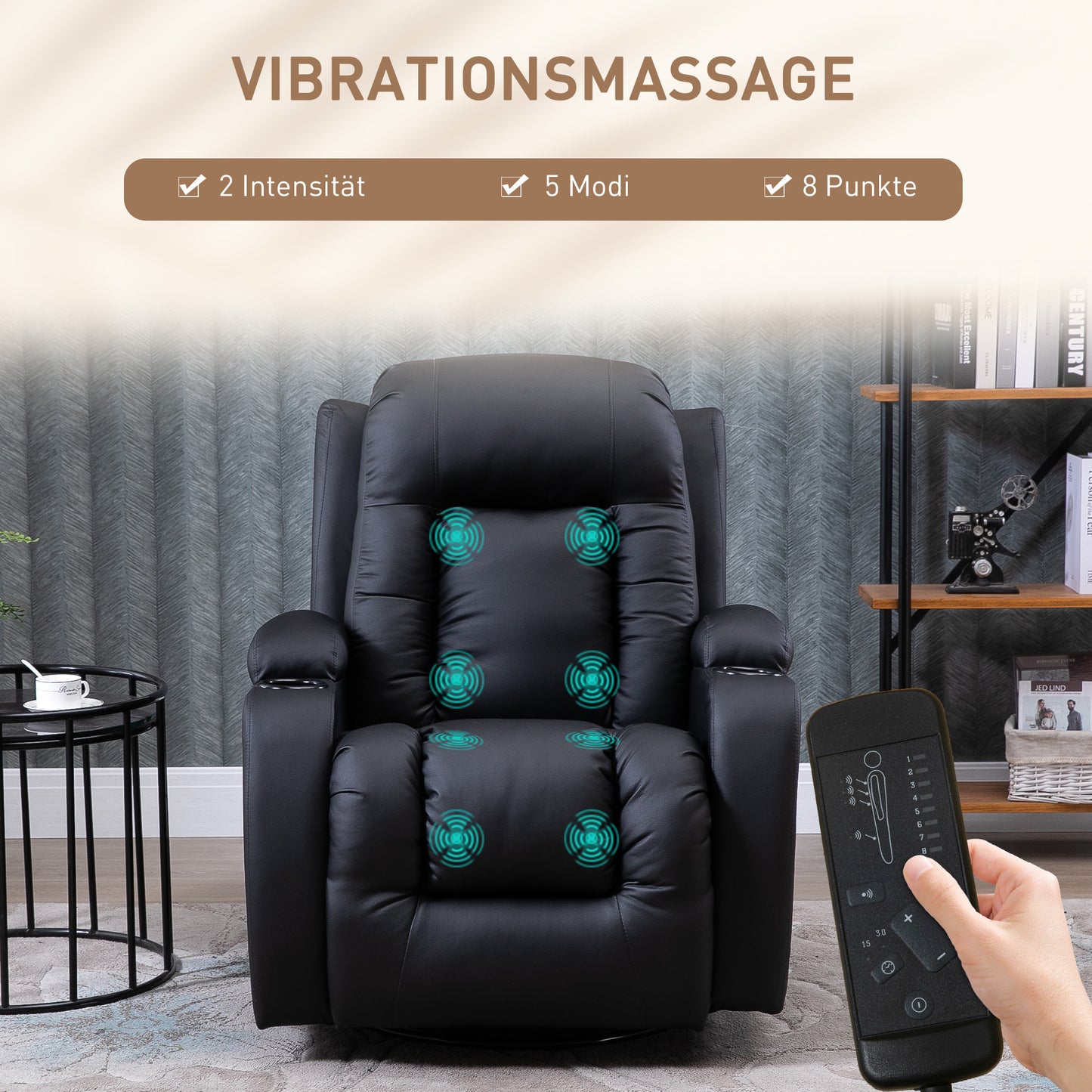 HOMCOM Massagesessel, Relaxsessel, Wippfunktion, 8 Vibrationspunkte, inkl. Fernbedienung, Schwarz