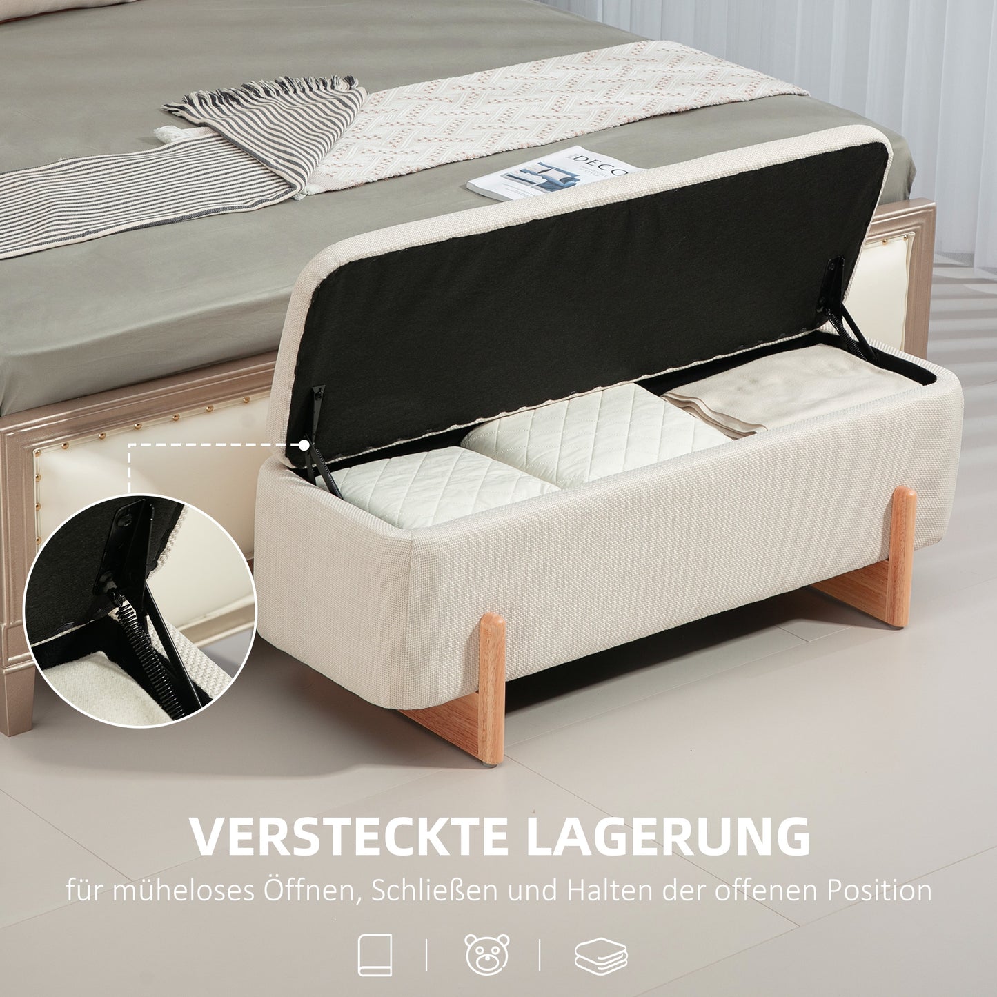 HOMCOM Hocker mit Stauraum, Sitzbank mit Schaumstoffpolsterung, Leinenimitat, 111 x 44 x 44,5 cm, Cremeweiß