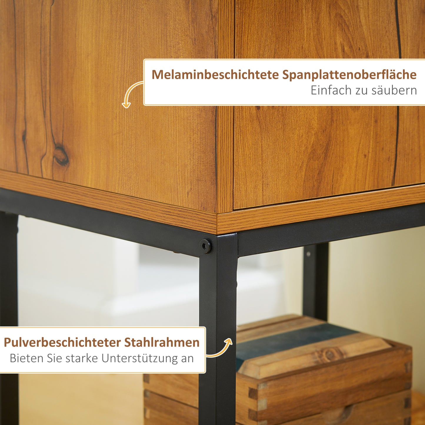 HOMCOM Konsolentisch im Industiriedesign, Beistelltisch, Sideboard, 1 Schrank, Braun + Schwarz