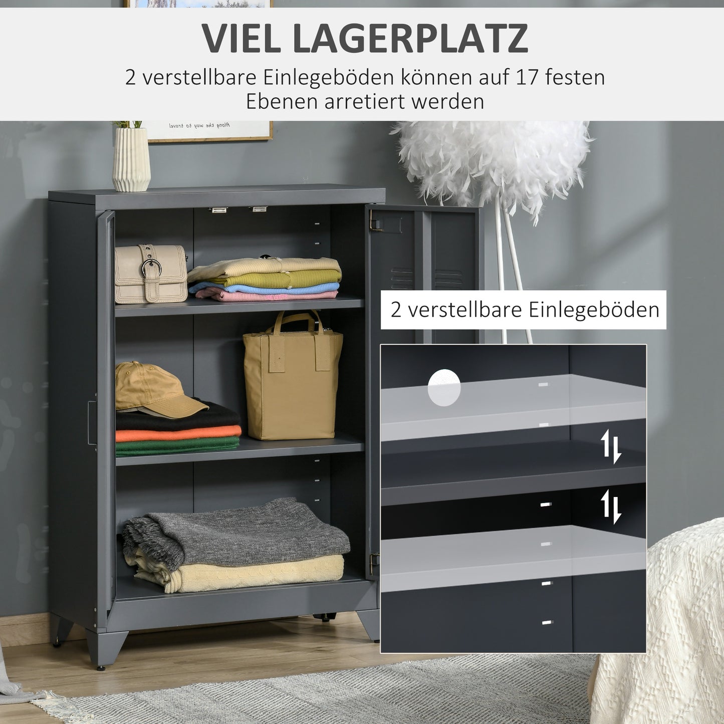 HOMCOM Aktenschrank mit Lamellentüren, Lagerschrank, Metallschrank mit 2 verstellbaren Einlegeböden, 75 x 33 x 110 cm, Grau