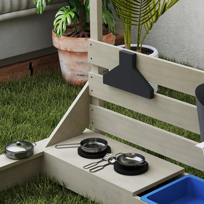 Outsunny Sandkasten mit Sonnendach Piratenschiff, inkl. Barnküchenspielset, Massivholz, 180 x 103 x 144,5 cm, Grau