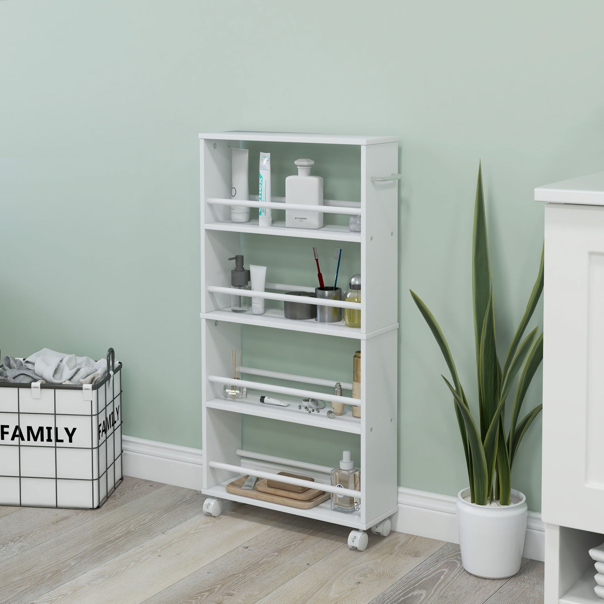 HOMCOM Multifunktionsregal mit Rollen, schmale Bauweise, 4 Fächer, 45x15x91 cm, Weiß