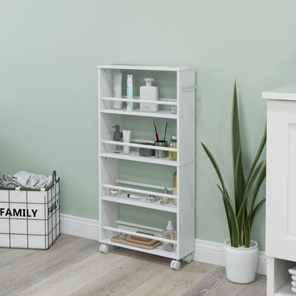 HOMCOM Multifunktionsregal mit Rollen, schmale Bauweise, 4 Fächer, 45x15x91 cm, Weiß