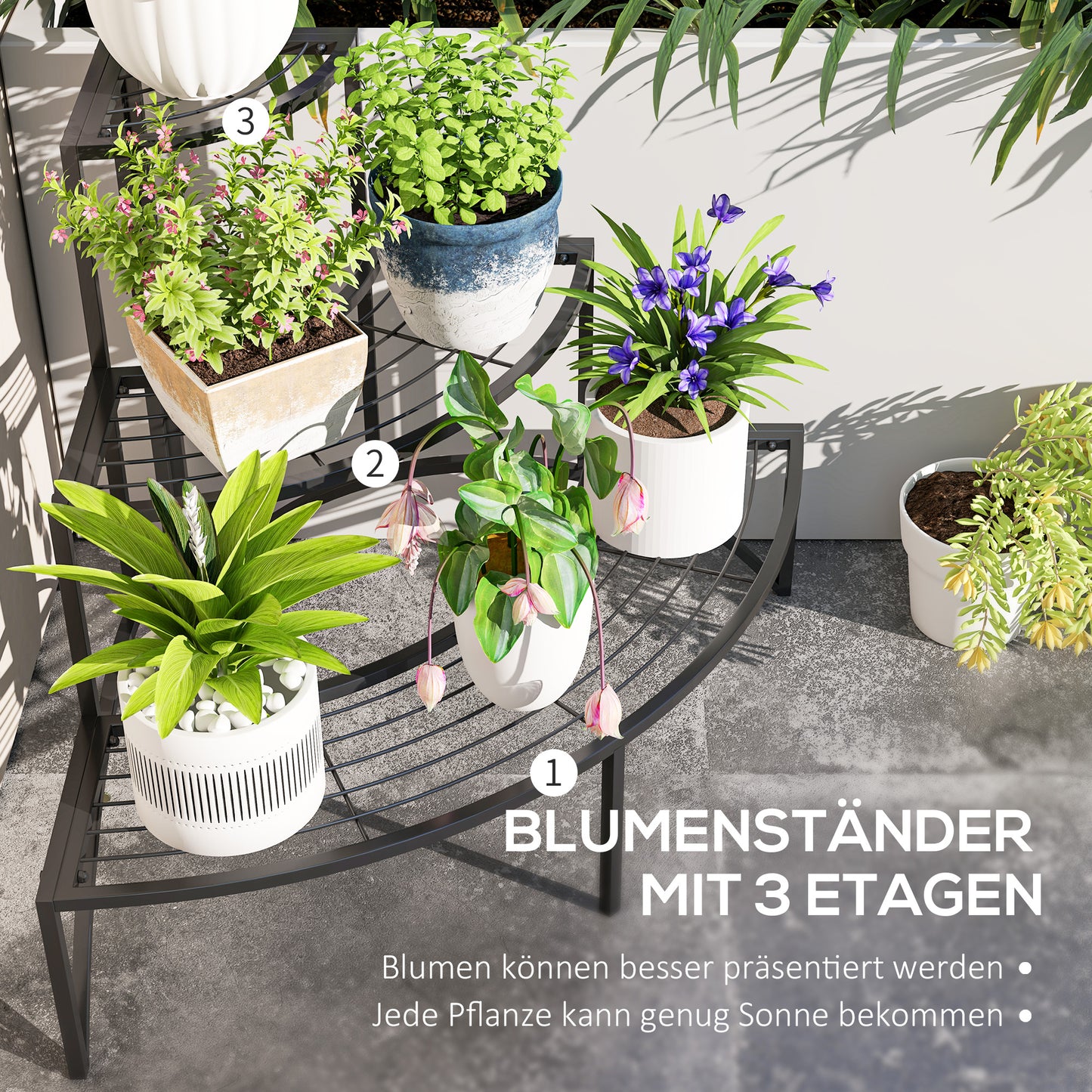 Outsunny Eckpflanzenständer, Blumenständer mit 3 Ebenen, Metall, für drinnen und draußen, Blumentopfständer, Schwarz
