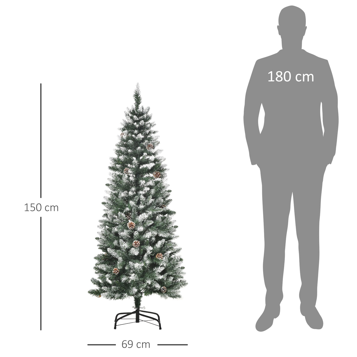 HOMCOM Künstlicher Weihnachtsbaum, 630 Zweige, 37 Zapfen, verschneite Spitzen, feuerfest, 150 cm
