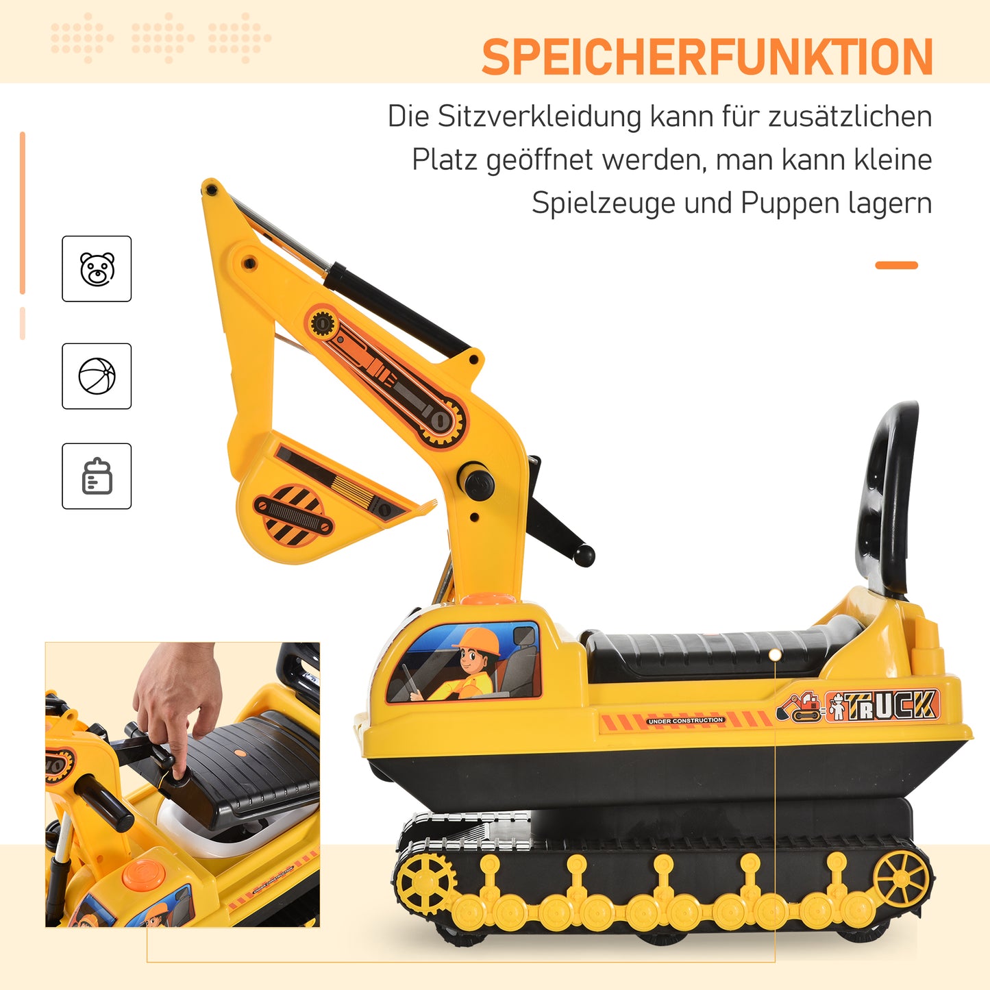 HOMCOM Sitzbagger Aufsitzbagger mit Schaufel Hupe, Kinderbagger mit Stauraum unter Sitz, Rutschauto Baggerfahrzeug zum Sitzen bis 30kg, Draufsitzen Sandbagger für Kinder 1,5-4 Jahre Gelb