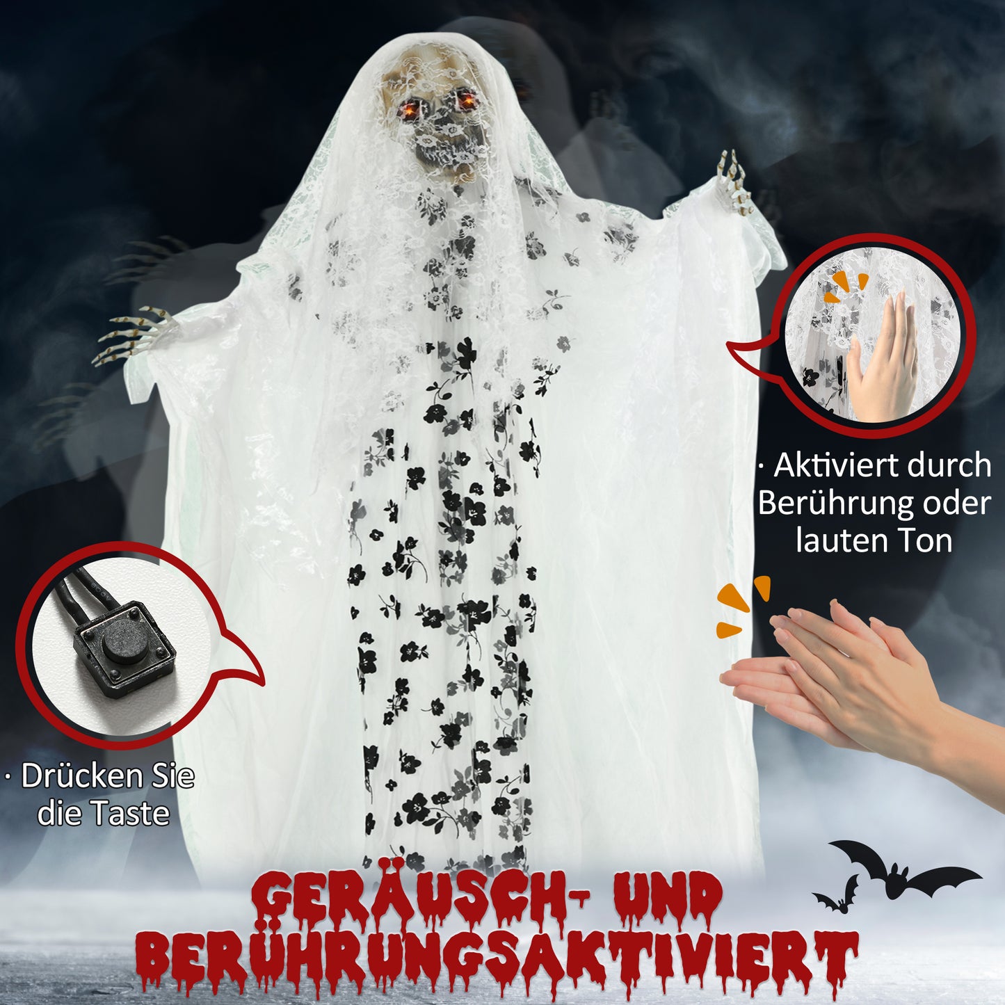 Outsunny Halloween-Dekoration Geisterbraut, Schreie &amp; Augenleuchten, bewegungsaktiviert, 170cm groß, Inomhus