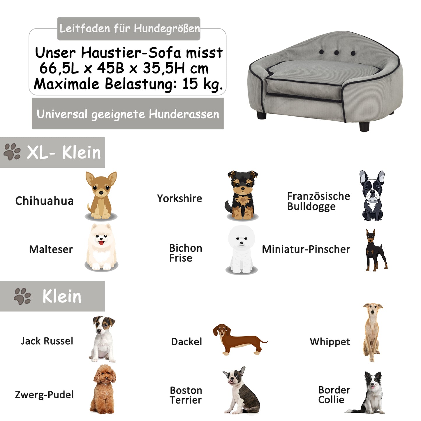 PawHut Haustiersoffa, Hundebett, Hundematte, Hundesofa, Naturholz+Plüsch, Grau, 66,5 x 45 x 35,5 cm