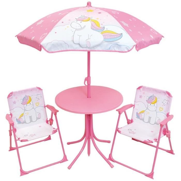 Garden furniture - FUN HOUSE - Unicorn garden furniture: Table H.46 x 46 cm, 2 folding chairs, parasol H.125 x 100 cm
