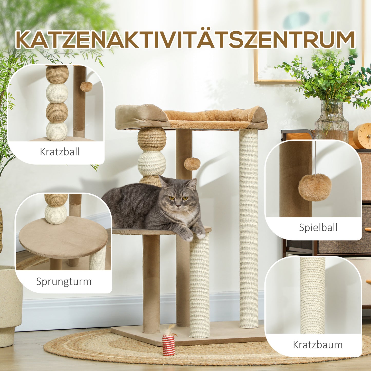 PawHut Kratzbaum mit 2 Etagen, Spielball, Kratzstämmen, Kratzkugeln, bis 7 kg, 56 x 54 x 86 cm, Braun