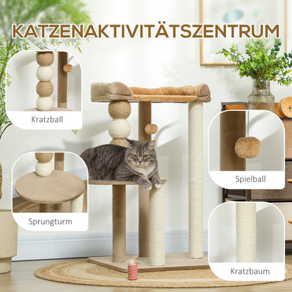 PawHut Kratzbaum mit 2 Etagen, Spielball, Kratzstämmen, Kratzkugeln, bis 7 kg, 56 x 54 x 86 cm, Braun