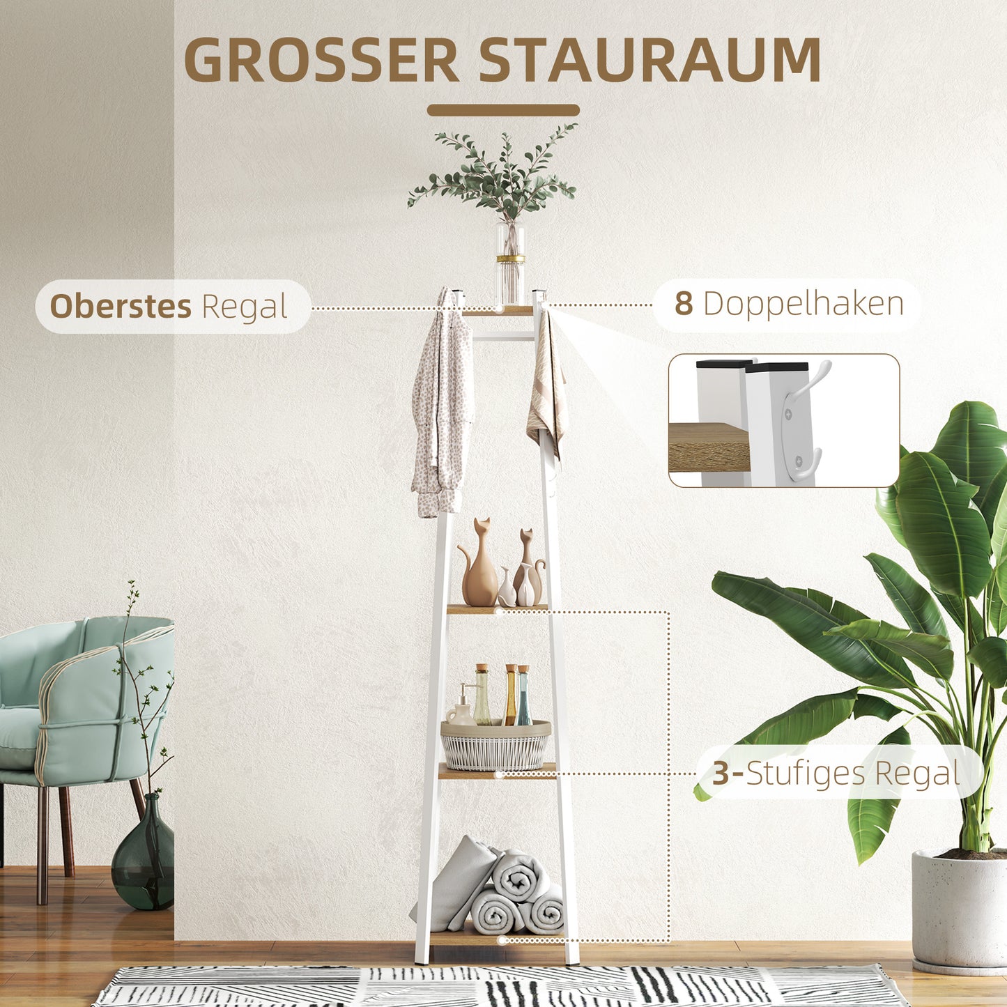 HOMCOM Kleiderständer, Trapez-Design, dreistufig, 8 Doppelhaken, Stahll, Weiß+Eiche