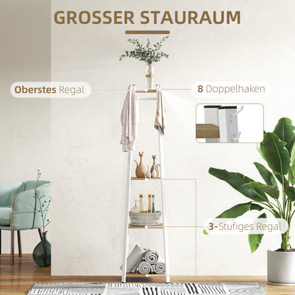 HOMCOM Kleiderständer, Trapez-Design, dreistufig, 8 Doppelhaken, Stahll, Weiß+Eiche