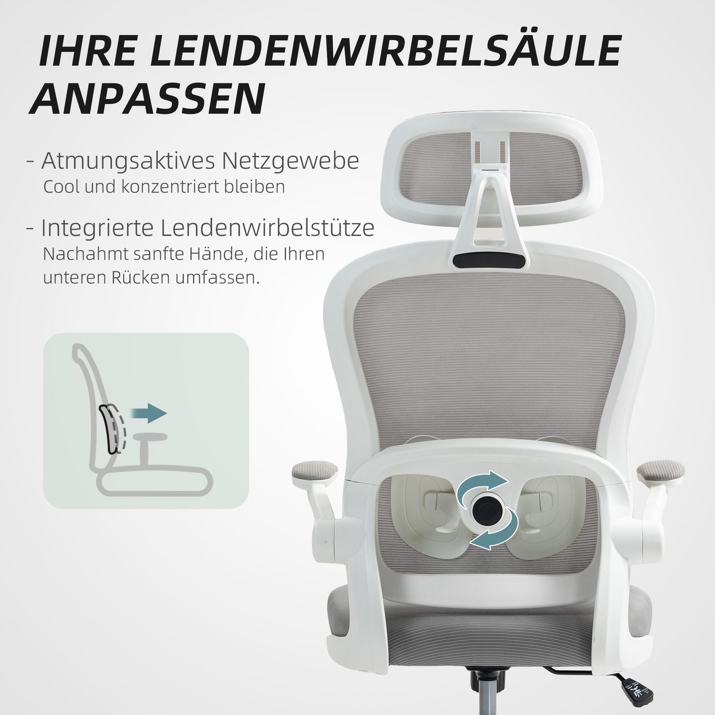 HOMCOM Ergonomischer Bürostuhl mit Netzstoff-Rückenlehne, höhenverstellbar, klappbare Armlehnen, 5 Rollen, Wippfunktion, Grau