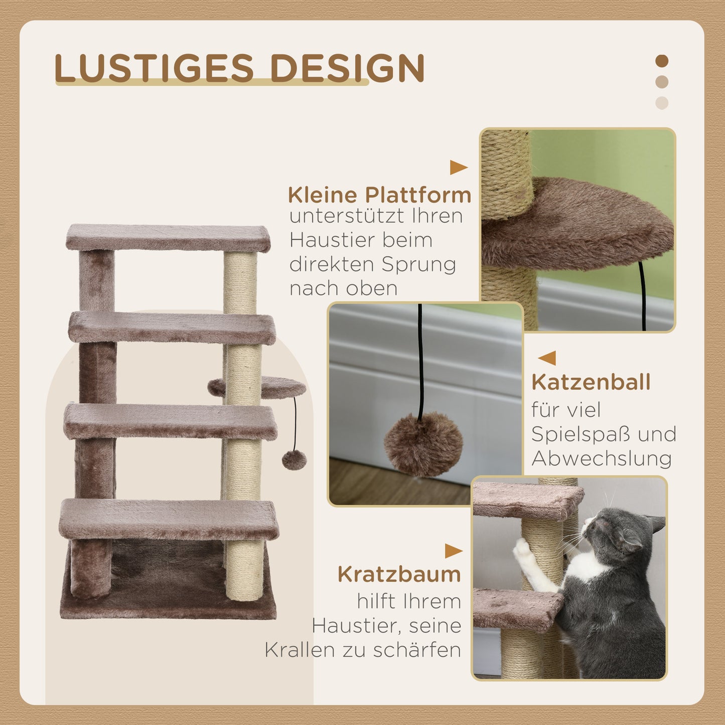 PawHut Haustiertreppe, Kratzbaum, 4-stufig, für Tiere bis 5 kg, 60x40x64cm, Braun
