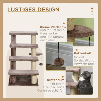 PawHut Haustiertreppe, Kratzbaum, 4-stufig, für Tiere bis 5 kg, 60x40x64cm, Braun