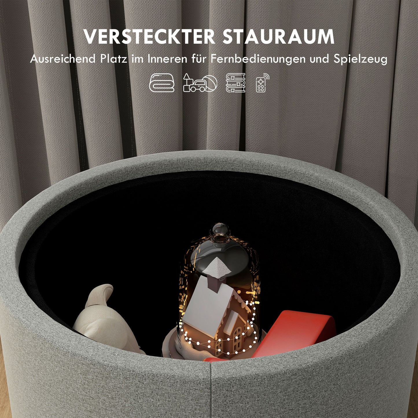 HOMCOM Hocker Polsterhocker, Leinen, versteckter Stauraum, umkehrbarer Deckel, 5 6cm x 56 cm x 42 cm, Grau + Natur