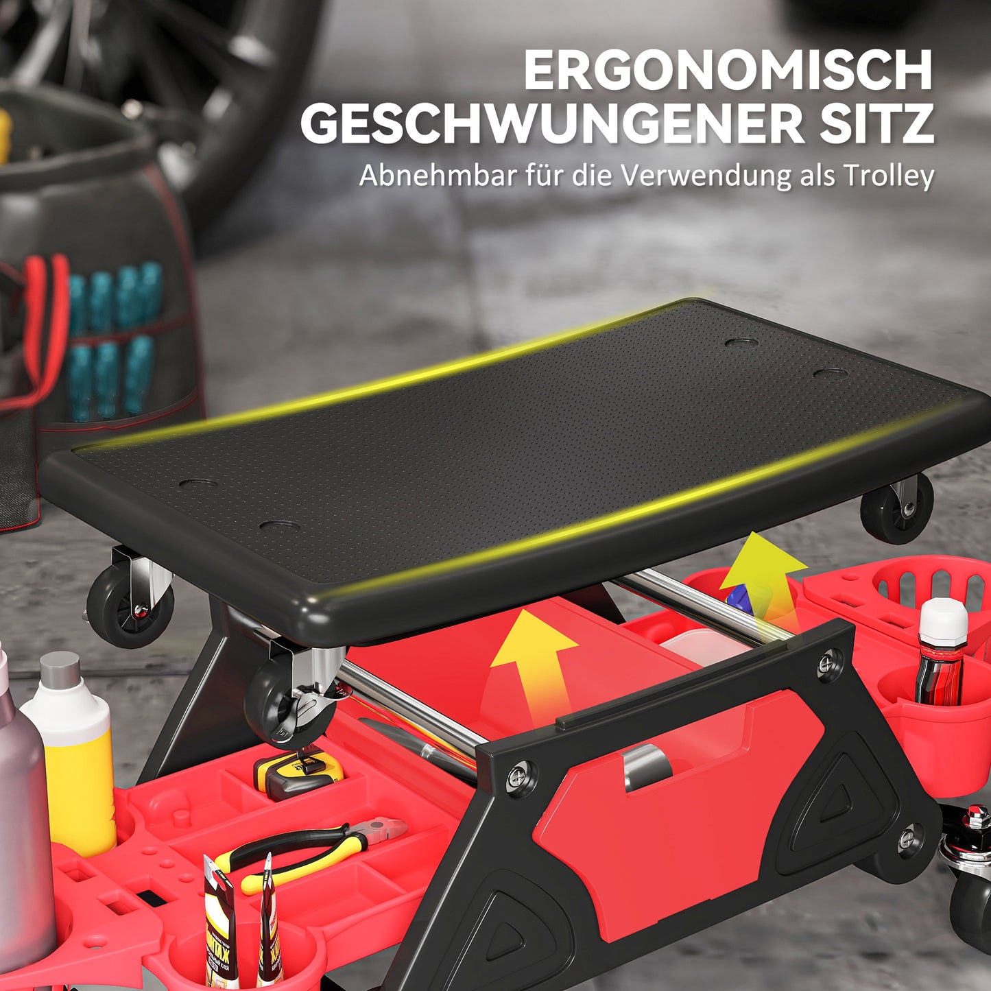 HOMCOM Werkstatthocker mit Rollen abnehmbar Sitz, Ablagefläche, 33cm hoch Rollhocker bis 135 kg belastbar Rot
