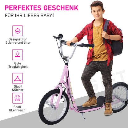 HOMCOM Kinderroller mit Luftreifen Kickscooter Scooter Tretroller Cityroller für Kinder Kickboard 16 Zoll ab 5 Jahre Höhenverstellbar Rosa 143 x 58 x 92-100 cm