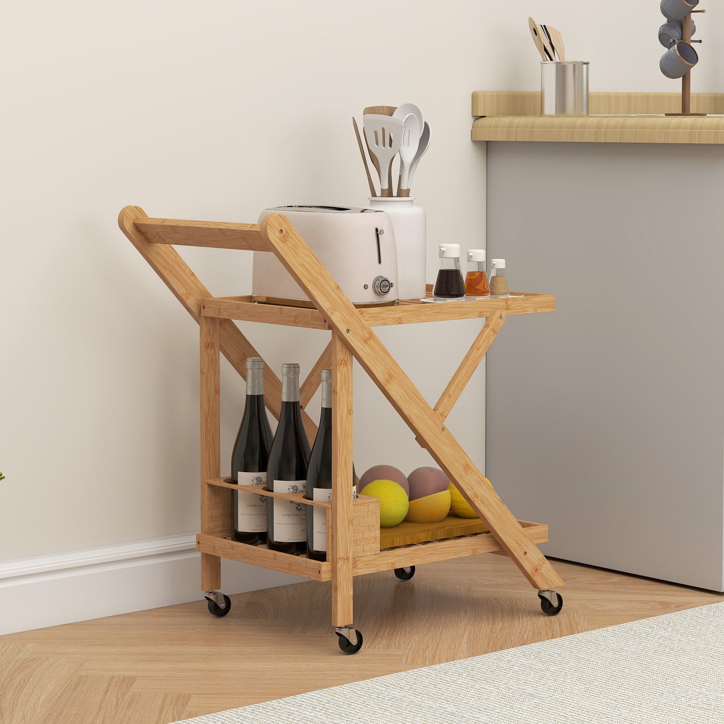 HOMCOM Küchenwagen auf Rädern, Servierwagen mit 3 Weinregalen, 2 Tabletts, für Küche, Esszimmer, Bambusholz, Hellbraun