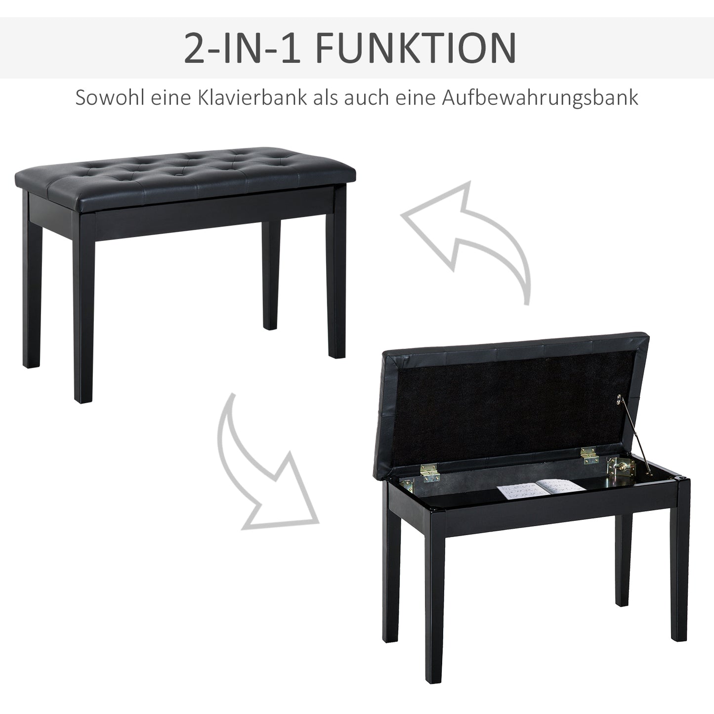 HOMCOM Klavierhocker, Klavierbank mit Verstecktem Stauraum, Klavierstuhl mit Kunstleder Kissen, Pianobank, Massivholz Keyboardbank für Piano, Keyboard, 76 x 36 x 50 cm, Schwarz