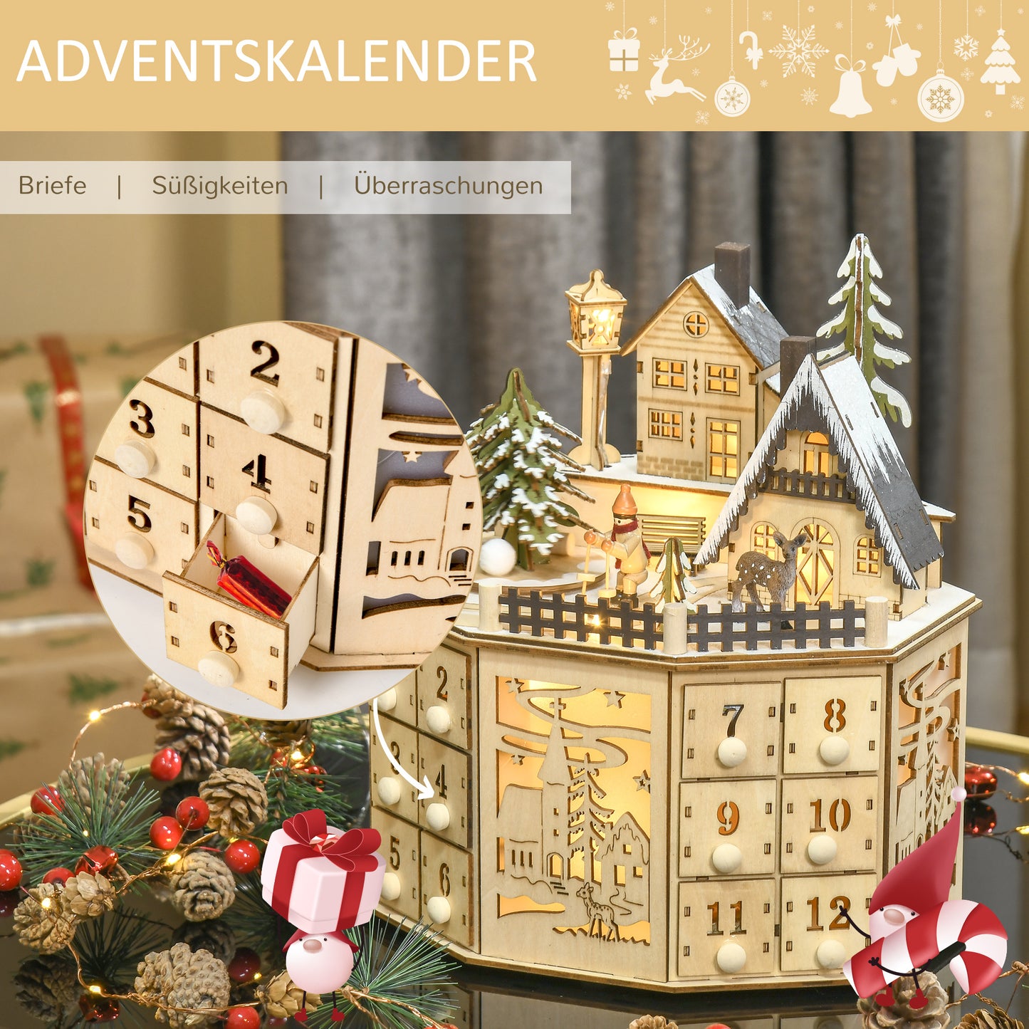 HOMCOM Adventskalender Adventskalenderbox Weihnachtsdekoration, LED-Lichter, 24 Schubladen, Natur