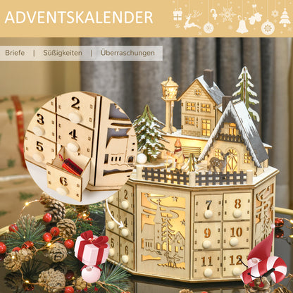 HOMCOM Adventskalender Adventskalenderbox Weihnachtsdekoration, LED-Lichter, 24 Schubladen, Natur