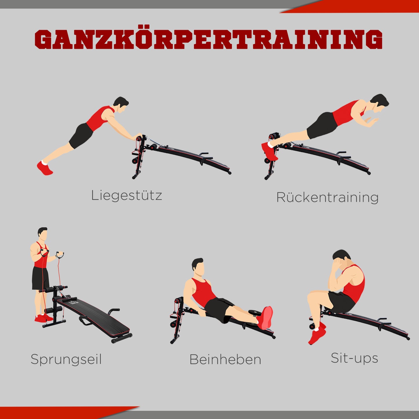 HOMCOM Sit Up Bank höhenverstellbar multifunktion Hantelbank mit 4/5-Fach Verstellbarer Beinfixierung, Trainingsbank für Ganzkörpertraining Flachbank Schrägbank Bauchtrainer & Rückentrainer